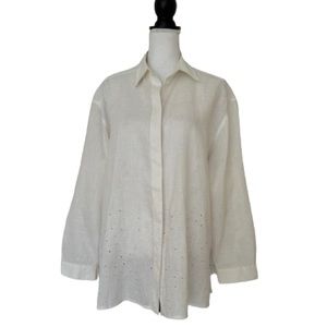 New CERRUTI 1881 Woman’s Muted White Embroidered Linen Blouse Button Down, Sz 14